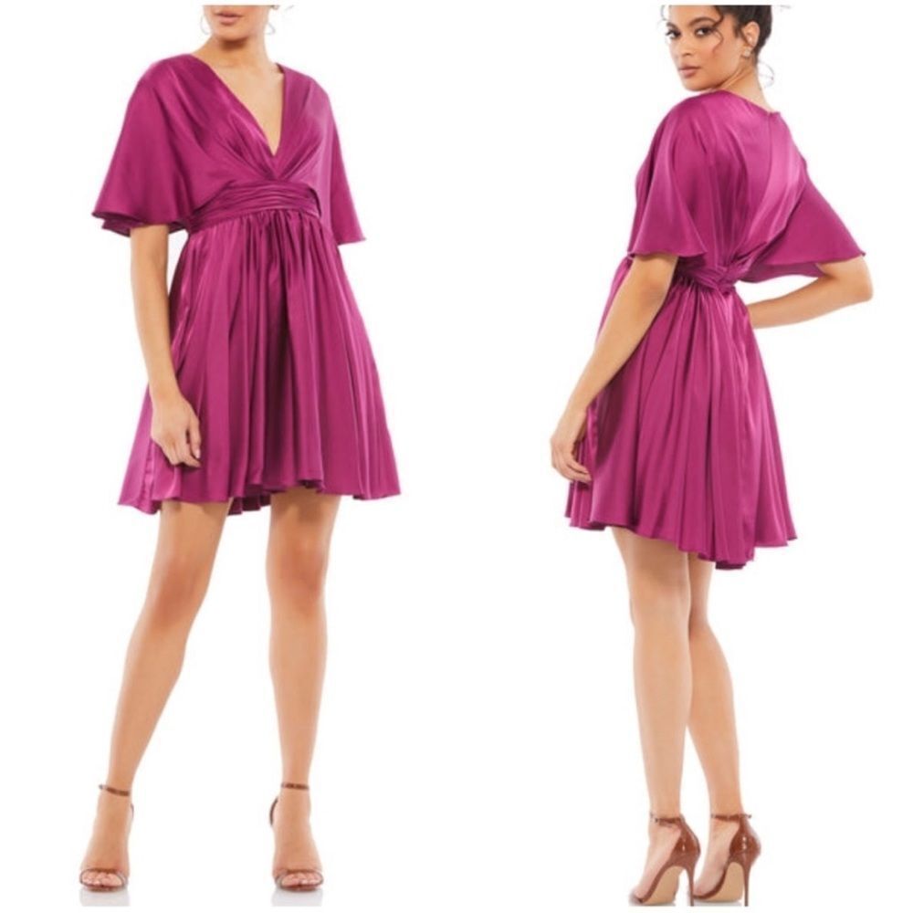 Mac Duggal 26605 Satin Flowy Cape Sleeve Mini NWT $498